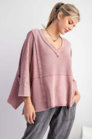 Women's Dusty Mauve Mineral Wash V-Neck Top by Easel - Casual Style with Short Sleeves and Relaxed Fit, Perfect for Everyday Wear