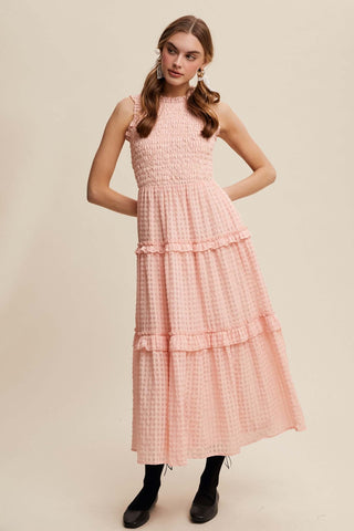Listicle Maxi Dress in Baby Rose Gingham with Smocked Ruffle Tiers, perfect for a chic, feminine look.