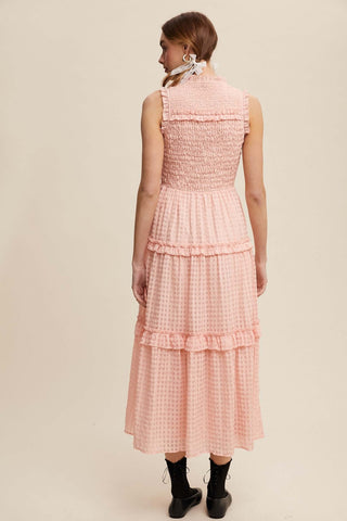 Listicle Maxi Dress in Baby Rose Gingham with Smocked Ruffle Tiers, Perfect for a Chic and Comfortable Look.