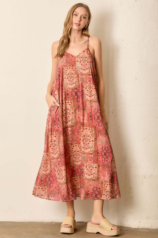 Polagram Dress Terracotta Dream: Floral Patchwork Maxi with Elegant Sleeves and Flowing Silhouette, Perfect for Any Occasion.