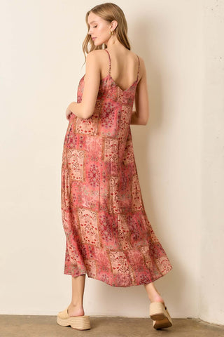 Polagram Dress Terracotta Dream Floral Patchwork Maxi, featuring vibrant patterns and a flowing silhouette for a boho-chic look.