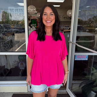 Hot pink sheen flutter sleeve top from Sew In Love, featuring lightweight fabric and elegant design for a chic fashion statement.