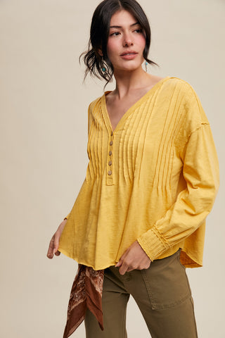 Listicle Honey Mustard Pintuck Henley Knit Top
