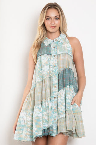 Blue Velvet Turquoise Plaid Tunic Dress Sleeveless Button Down Collar Cut