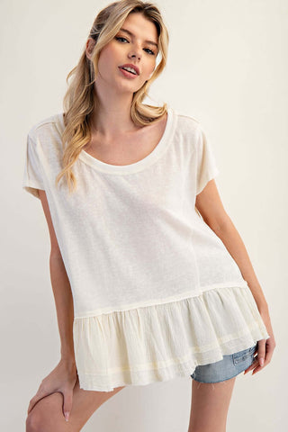 Women's soft washed ruffle hem wide neck top in dusty pink, showcasing elegant style, available in two colors.