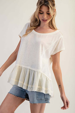 Soft Washed Ruffle Hem Wide Neck Top in Pink, featuring a stylish, comfortable design with two color options.