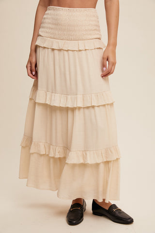 Listicle Smocked Ruffle Tiered Maxi Skirt or Midi Dress (3 COLORS)