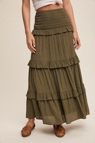 Listicle Smocked Ruffle Tiered Maxi Skirt or Midi Dress (3 COLORS)