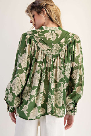 Emerald Green Jacquard Print Long Bubble Sleeve Top – Stylish and Elegant Women's Fashion Blouse – ee:some Brand