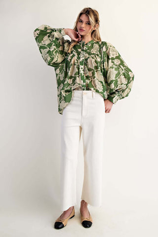 Alt text: "Emerald Green Jacquard Print Top with Long Bubble Sleeves - Stylish and Elegant Women's Fashion