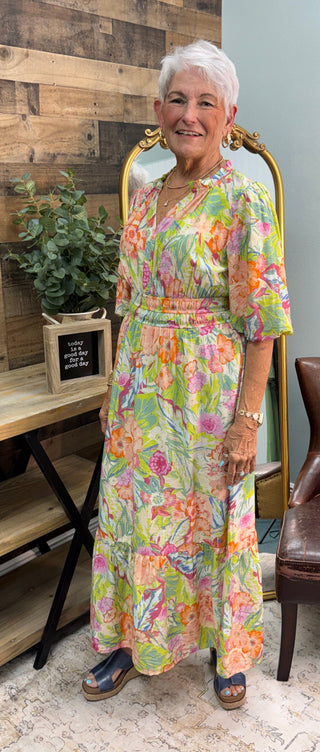 Alternate view of Oddi Minty Garden Floral Printed Tiered Midi Dress w/ Puff Sleeve & Elastic Waist
