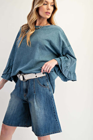 Stylish Ruffle Bell Sleeve Washed Cotton Slub Top by Easel in Two Colors - Trendy and Comfortable Women's Fashion.