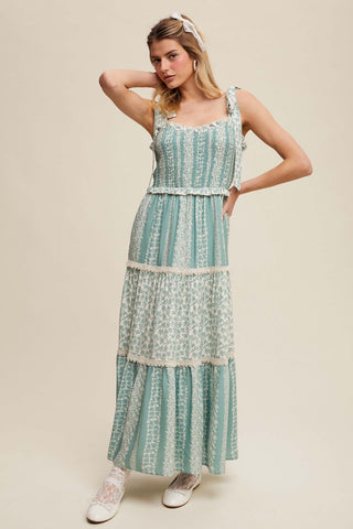 Sage Floral Listicle Maxi Dress with Smock Tiered Ruffle, perfect for elegant casual wear.