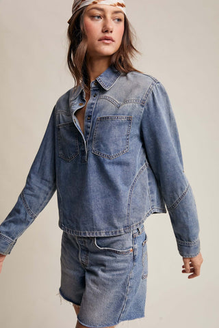 Vintage denim top with pockets and Western yoke, perfect for casual wear. Shop the Listicle collection now!