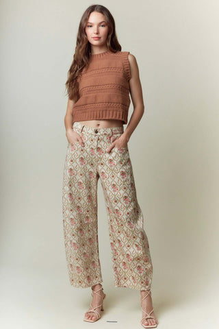 Pink Vintage Floral Gypsy Fit Denim Pants by Peach Love, showcasing unique style and vibrant floral patterns.