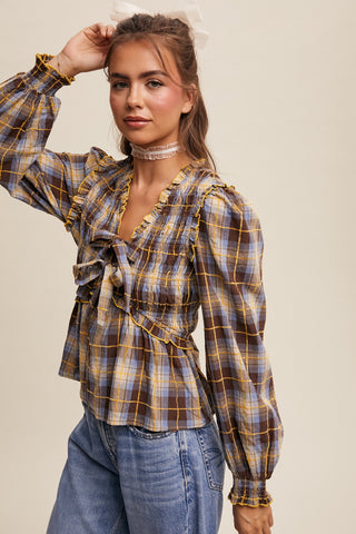 Listicle Mocha & Blue Plaid Tie Front Long Slv Top