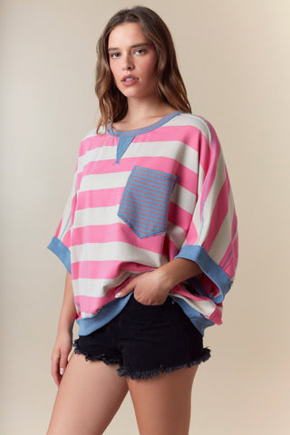 Fantastic Fawn Pink & Taupe Stripe Color Block Easy Pullover