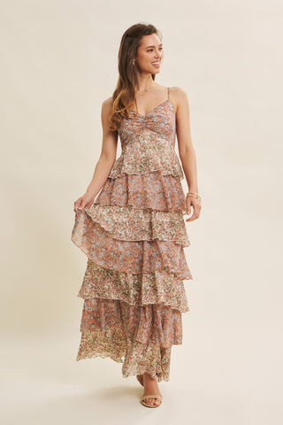 Clay Floral Tiered Ruffle Maxi Dress w/ Smocked Back In February