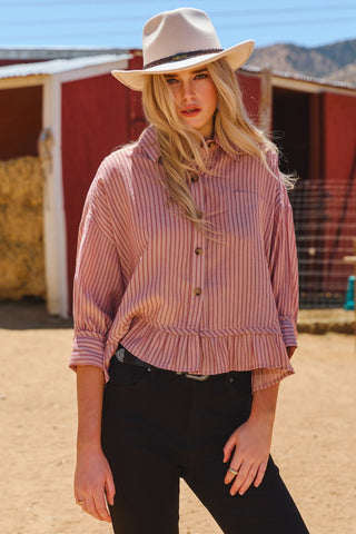 Oddi Striped Button Top w/ Drop Shoulders & High Low Hem (2 COLORS)