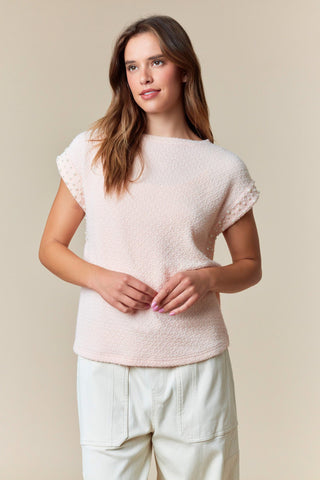 Fantastic Fawn Boxy Cut Pink Pearl Trim Shoulder Top