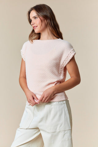 Fantastic Fawn Boxy Cut Pink Pearl Trim Shoulder Top