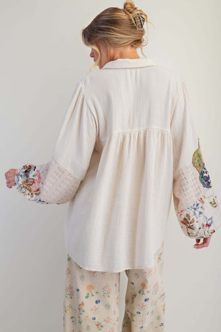 Chic Easel Ecru Tunic Top with Patchwork Flower Sleeves: Stylish Mixed Fabric Women's Fashion
