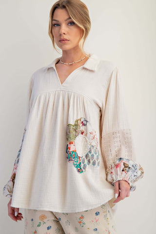 Easel Ecru Tunic Top with Patchwork Flower Sleeves in Mixed Fabrics on White Mannequin
