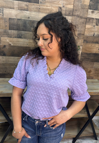 Staccato Lavender Ruffle V Neck Short Slv Top