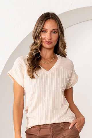 Sew In Love Ivory Cap Sleeve V Neck Rib Knit Top