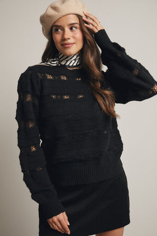 Forte Black Waved Stripe Open Knit Long Slv Sweater