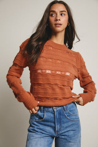 Forte Terracotta Waved Stripe Open Knit Long Slv Sweater