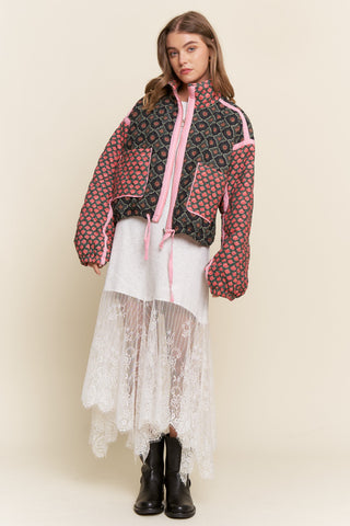 J.NNA Rose Pattern Pink Trim Quilted Jacket
