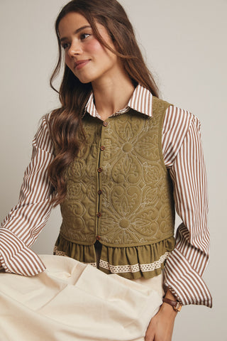 Forte Olive Green Peplum Vest w/ Ivory Quilted Embroidery