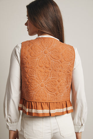 Forte Terracotta Peplum Vest w/ Ivory Quilted Embroidery