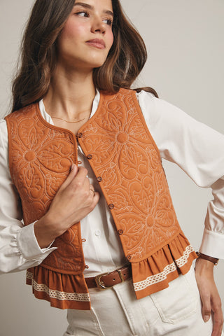 Forte Terracotta Peplum Vest w/ Ivory Quilted Embroidery