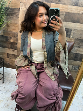 Young Threads Bell Slv Patchwork Denim Kimono Shrug