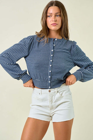 Alt text: "Doe & Rae Denim Knit Stripe Cardigan Top - Button Front, Stylish Blue and White Design, Perfect for Trendy Layered Looks