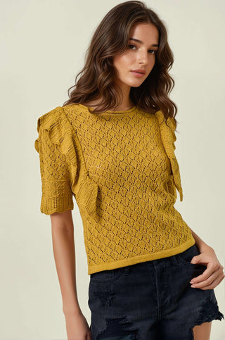 Women's Doe & Rae Pointelle Knit Top with Ruffle Sleeve in two colors, perfect for chic and versatile fashion styling.