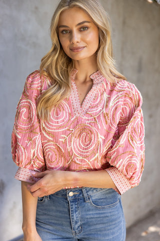 VOY Pink Embroidered Top w/ Contrast Band