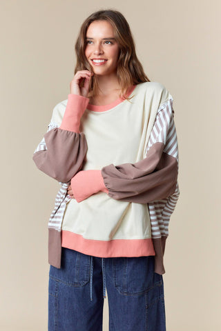 Fantastic Fawn Mocha Choco Cream Stripe Color Block Sweatshirt
