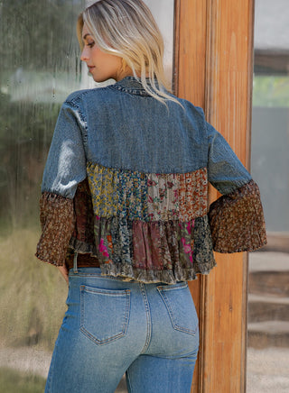 Young Threads Patchwork Denim Cropped Collar Shrug