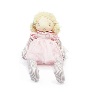 Soft doll with blonde curly hair wearing pink tulle dress and striped gray-white arms and legs.
