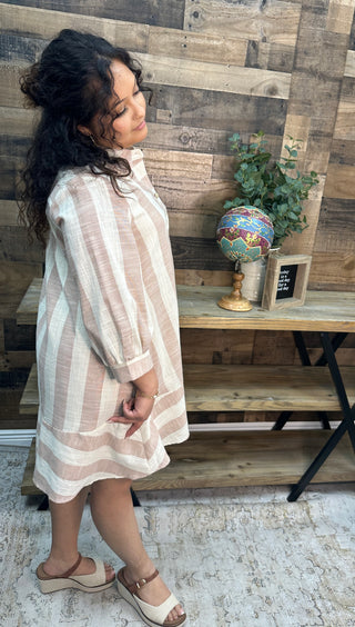 Alternate view of Like Love Oatmeal & Taupe Stripe Linen Look 3/4 Sleeve Dress
