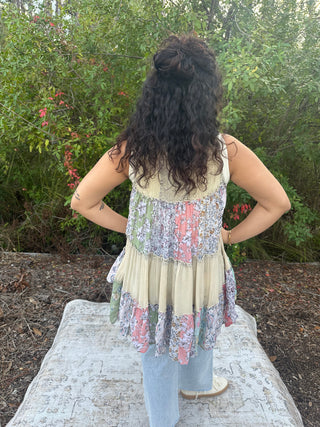 Alternate view of Boho Chic Latte Delight Patchwork Button Down Sleeveless Top Curvy
