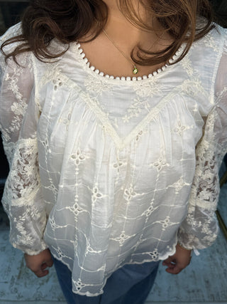 Listicle Ivory Eyelet Embroidered Sheen Top