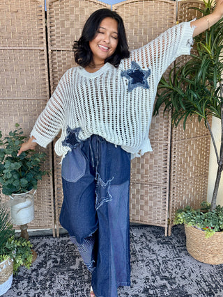 Alternate view of Star Spangled White Open Weave Top OVERSIZED
