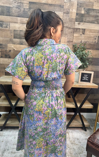 Entro Periwinkle Bloom Elastic Waist Zip Midi Dress