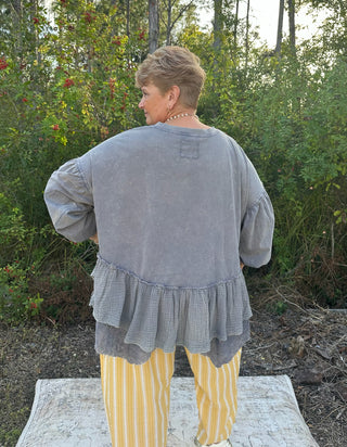 Blue Velvet Faded Navy Round Neck Mixed Fabric Hem Top