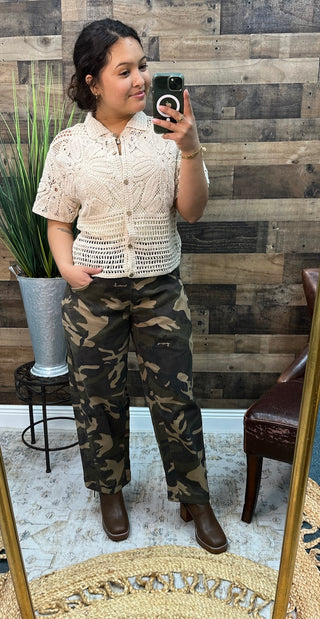 Anniewear Natural Crochet Short Slv Cardigan Top