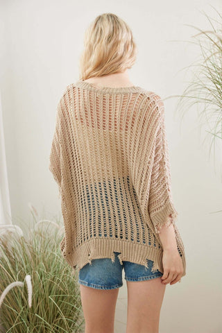 Open Weave Loose Fit Distressed Sweater Top in Black, showcasing casual chic style, available in two colors.